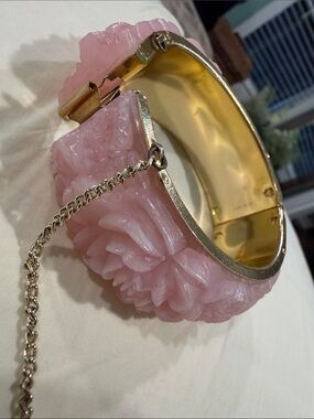 Vintage-Hong Kong Pink Floral Carved Resin Bangle Bracelet with Gold Interior